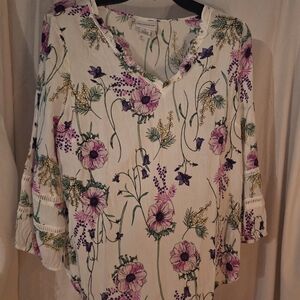 Liz Claiborne Cream Blouse with Purple and Green Floral Design